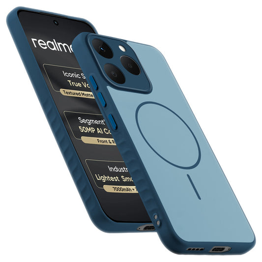 Matte Silicone Dual Color Back Cover with Metal Buttons & Ring Design for Realme 15T 5G