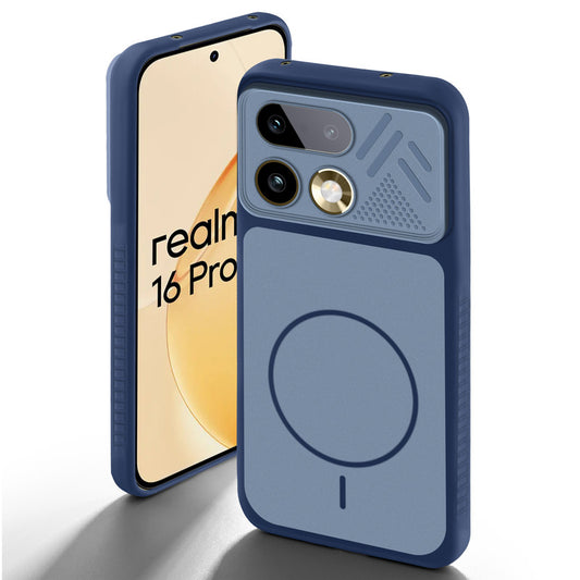 Blue back cover for Realme 16 Pro 5G with camera cut protection and ring design on back side.