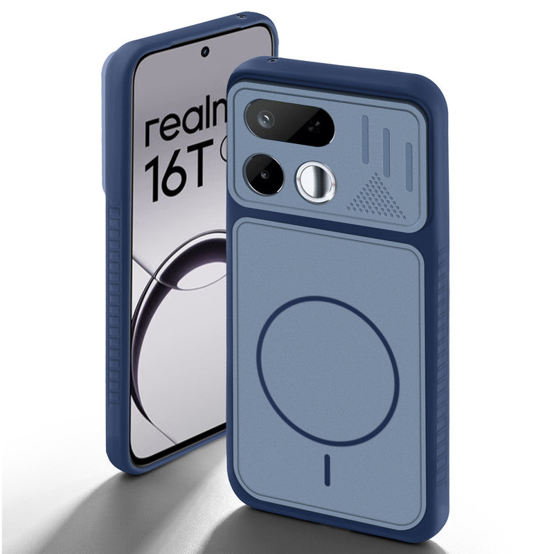 Blue back cover for Realme 16T 5G with camera cut protection and ring design on back side.