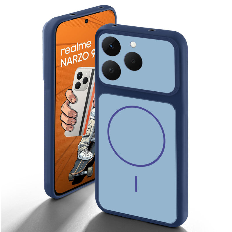 Blue back cover for Realme Narzo 90 5G with camera cut protection and ring design on back side.