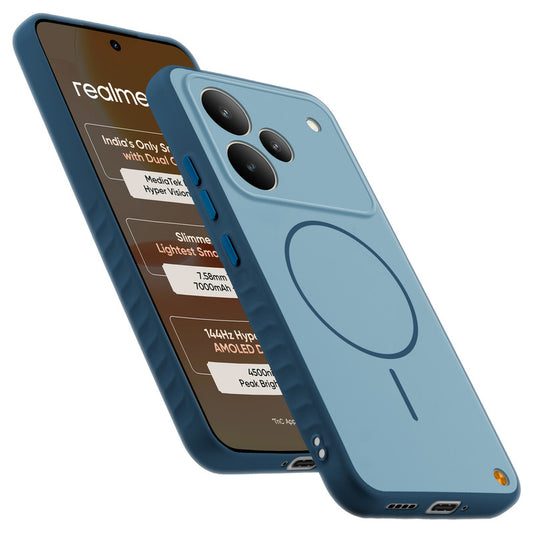 Matte Silicone Dual Color Back Cover with Metal Buttons & Ring Design for Realme P4 5G