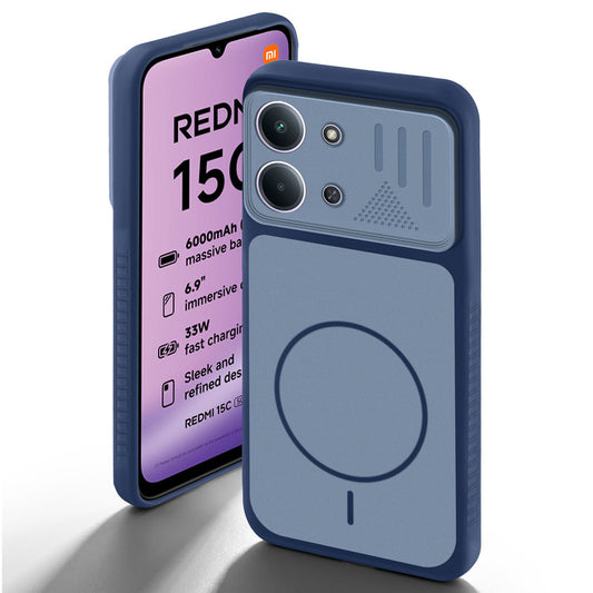 Blue back cover for Redmi 15C 5G with camera cut protection and ring design on back side.