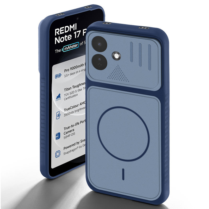 Blue back cover for Redmi Note 17 Pro 5G with camera cut protection and ring design on back side.