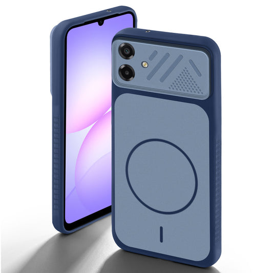 Blue back cover for Samsung A07 5G with camera cut protection and ring design on back side.