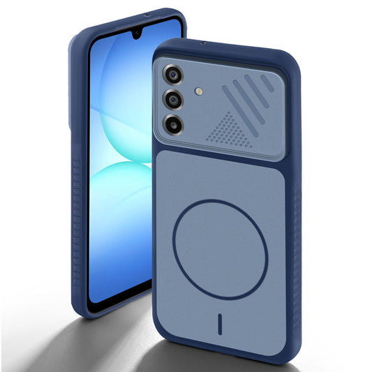 Blue back cover for Samsung A17 5G with camera cut protection and ring design on back side.