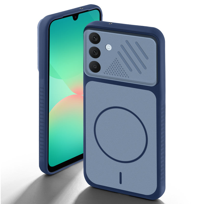 Blue back cover for Samsung A26 5G with camera cut protection and ring design on back side.