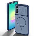 Blue back cover for Samsung A27 5G with camera cut protection and ring design on back side.