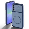 Blue back cover for Samsung A36 5G with camera cut protection and ring design on back side.
