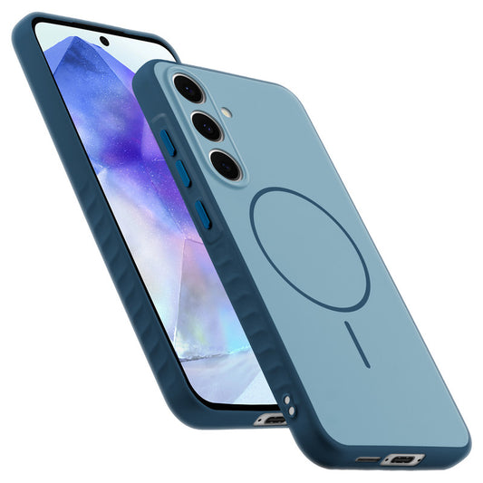 Matte Silicone Dual Color Back Cover with Metal Buttons & Ring Design for Samsung A55 5G