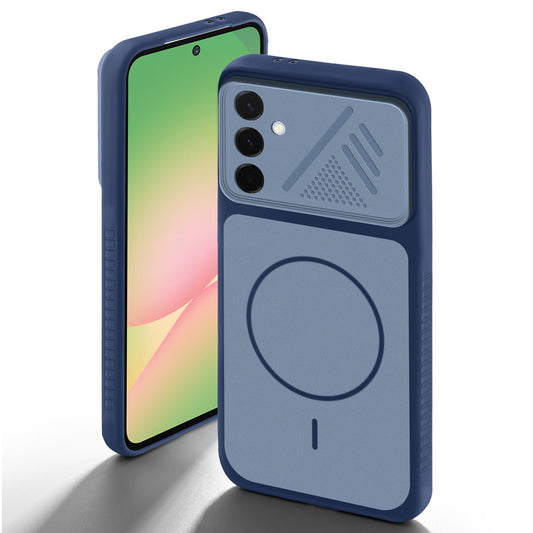 Blue back cover for Samsung A56 5G with camera cut protection and ring design on back side.
