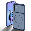 Blue back cover for Samsung A57 5G with camera cut protection and ring design on back side.