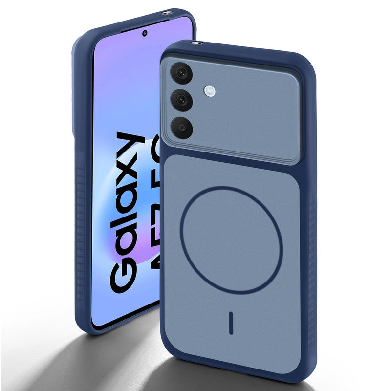 Blue back cover for Samsung A57 5G with camera cut protection and ring design on back side.