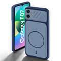 Blue back cover for Samsung F07 with camera cut protection and ring design on back side.