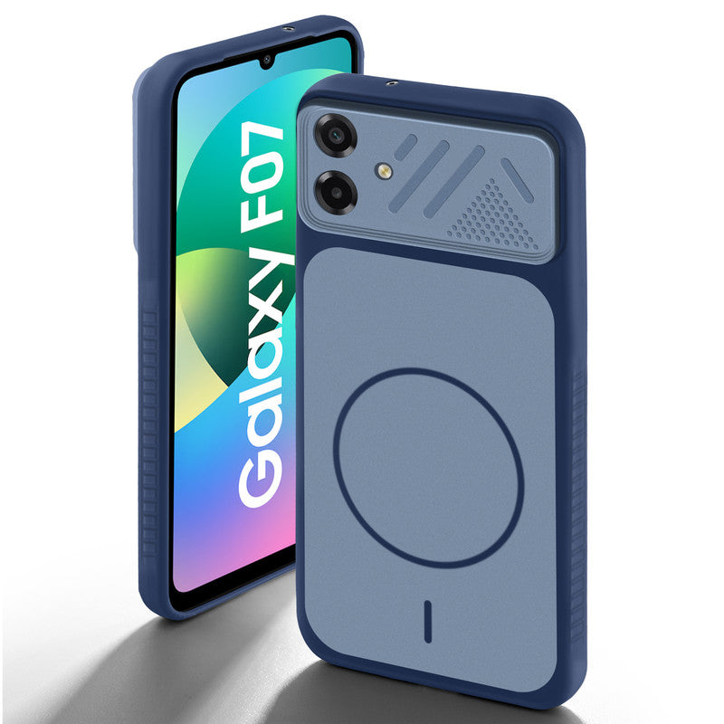 Blue back cover for Samsung F07 with camera cut protection and ring design on back side.