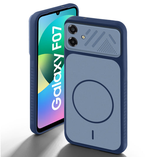 Blue back cover for Samsung F07 with camera cut protection and ring design on back side.