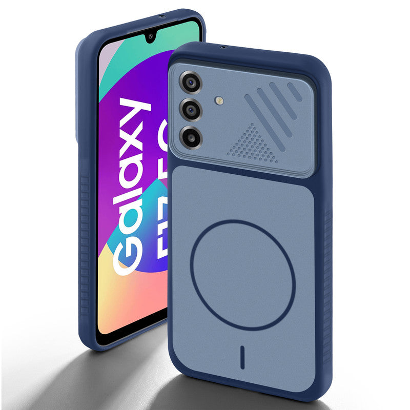 Blue back cover for Samsung F17 5G  with camera cut protection and ring design on back side.
