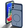Blue back cover for Samsung F70e 5G with camera cut protection and ring design on back side.