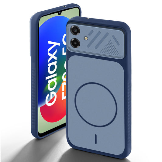 Blue back cover for Samsung F70e 5G with camera cut protection and ring design on back side.