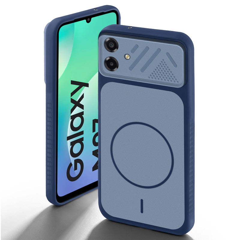 Blue back cover for Samsung M07 with camera cut protection and ring design on back side.