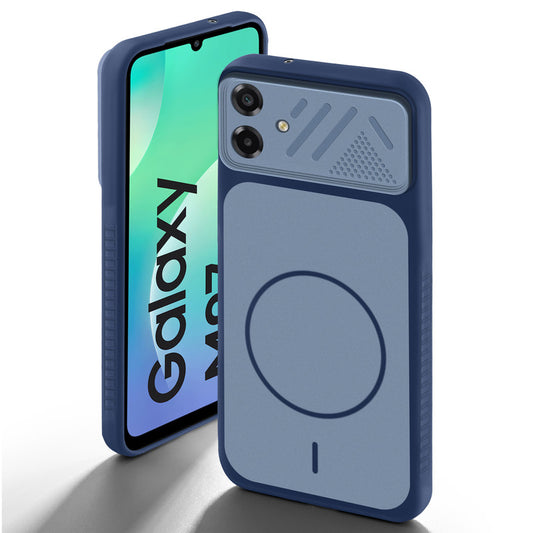 Blue back cover for Samsung M07 with camera cut protection and ring design on back side.