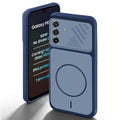 Blue back cover forSamsung M17 5G with camera cut protection and ring design on back side.