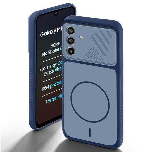 Blue back cover forSamsung M17 5G with camera cut protection and ring design on back side.
