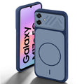 Blue back cover for Samsung M17e 5G with camera cut protection and ring design on back side.