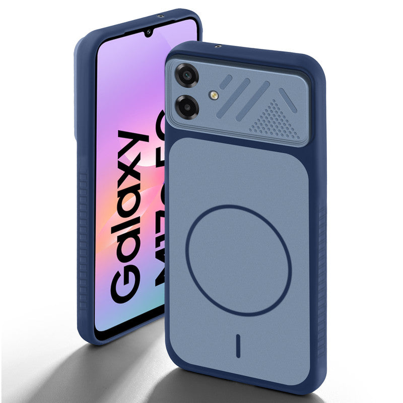 Blue back cover for Samsung M17e 5G with camera cut protection and ring design on back side.