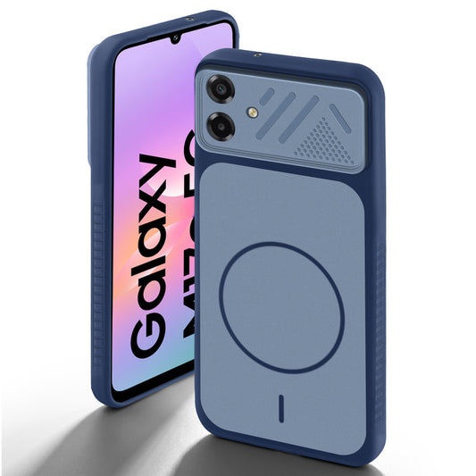 Blue back cover for Samsung M17e 5G with camera cut protection and ring design on back side.