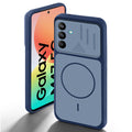 Blue back cover for Samsung M47 5G with camera cut protection and ring design on back side.
