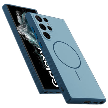 Matte Silicone Dual Color Back Cover with Metal Buttons & Ring Design for Samsung S22 Ultra 5G