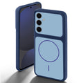 Blue back cover for Samsung S24 FE 5G with camera cut protection and ring design on back side.