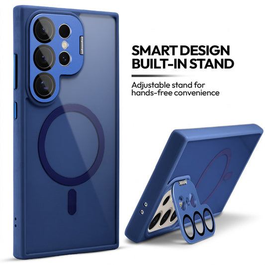 Samsung S24 Ultra 5G Case with MagSafe Compatibility, Flip-Open Camera Cover Stand, Glossy Glass Back & Metallic Buttons