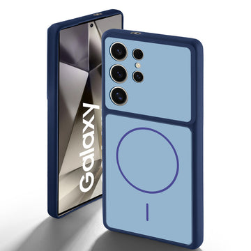 Blue back cover for Samsung S24 Ultra 5G with camera cut protection and ring design on back side.