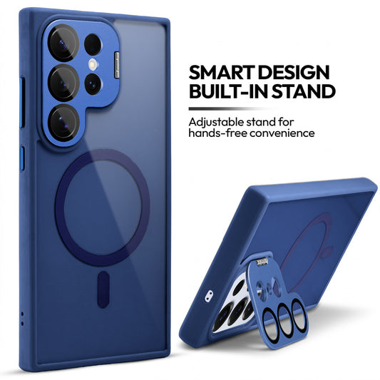 Samsung S25 Ultra 5G Case with MagSafe Compatibility, Flip-Open Camera Cover Stand, Glossy Glass Back & Metallic Buttons