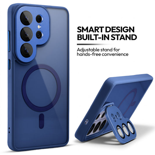 Samsung S26 Ultra 5G Case with MagSafe Compatibility, Flip-Open Camera Cover Stand, Glossy Glass Back & Metallic Buttons
