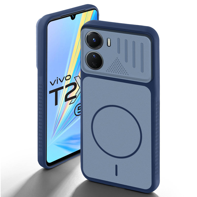 Blue back cover for Vivo T2x 5G with camera cut protection and ring design on back side.