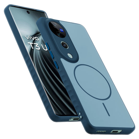 Matte Silicone Dual Color Back Cover with Metal Buttons & Ring Design for Vivo T3 Ultra 5G