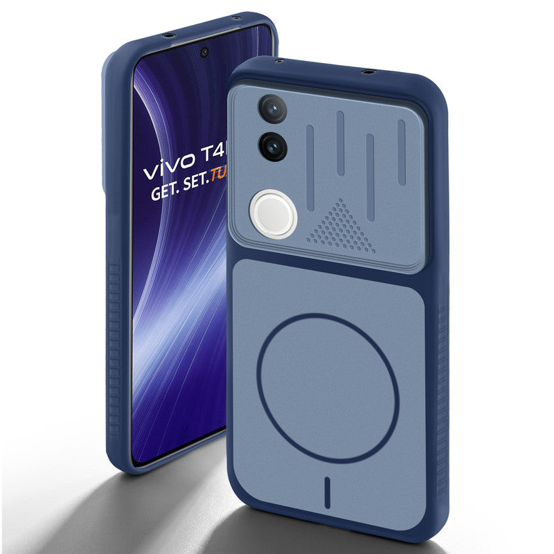 Blue back cover for Vivo T4R 5G with camera cut protection and ring design on back side.