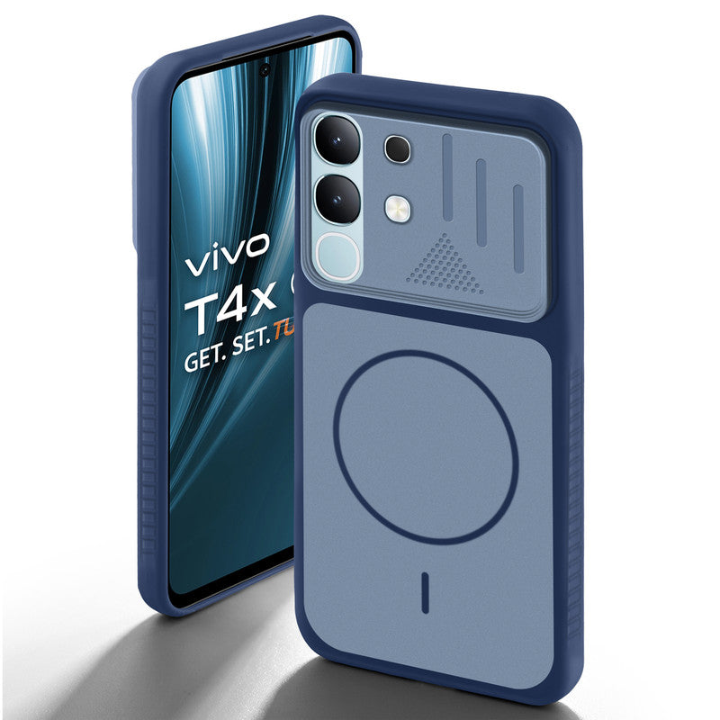 Blue back cover for Vivo T4x 5G with camera cut protection and ring design on back side.