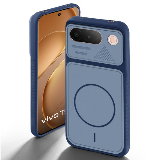Blue back cover for Vivo T5 5G with camera cut protection and ring design on back side.