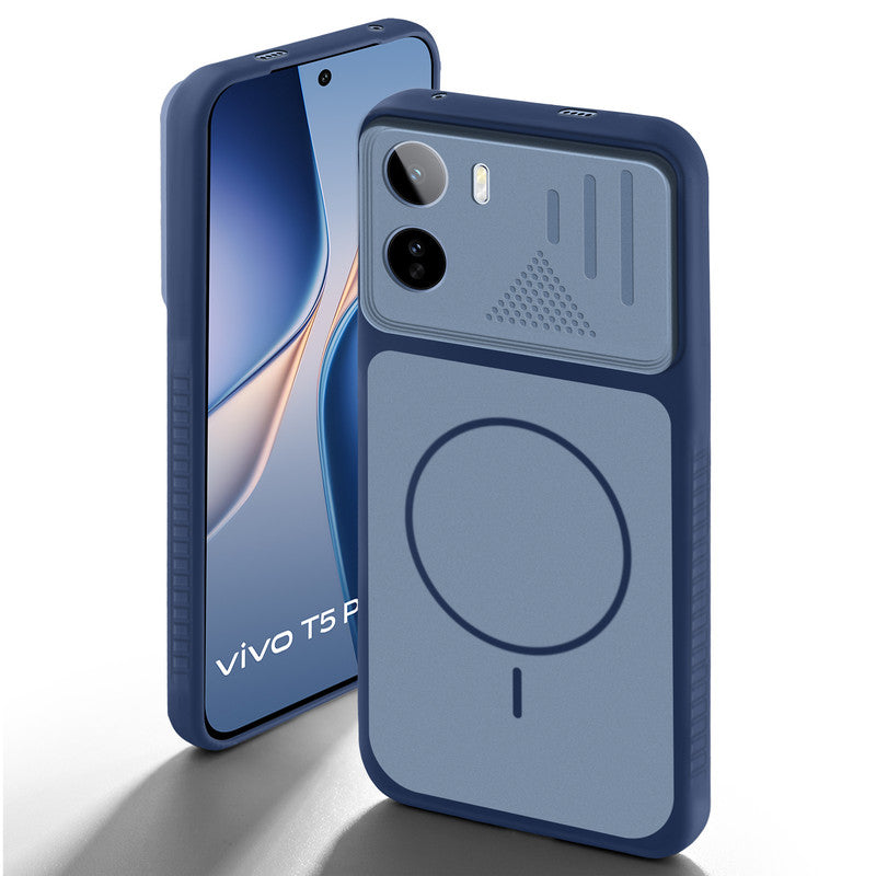 Blue back cover for Vivo T5 Pro 5G with camera cut protection and ring design on back side.