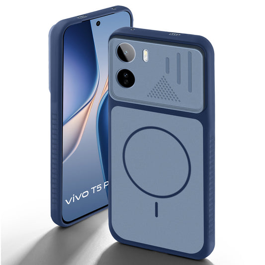 Blue back cover for Vivo T5 Pro 5G with camera cut protection and ring design on back side.