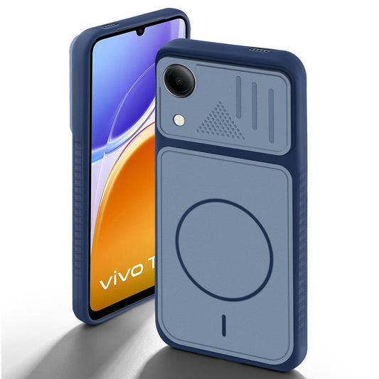 Blue back cover for Vivo T5e 5G with camera cut protection and ring design on back side.