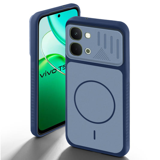 Blue back cover for Vivo T5x 5G with camera cut protection and ring design on back side.