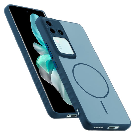 Matte Silicone Dual Color Back Cover with Metal Buttons & Ring Design for Vivo V30 5G