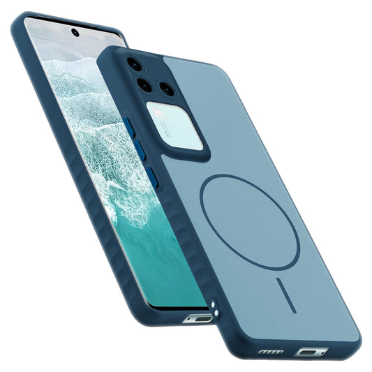 Matte Silicone Dual Color Back Cover with Metal Buttons & Ring Design for Vivo V30 Pro 5G