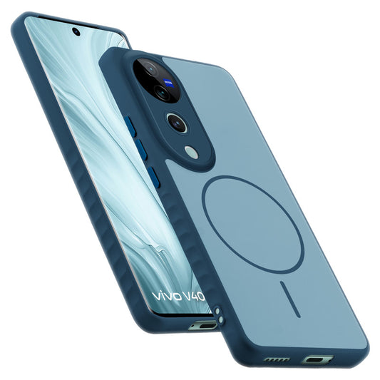 Matte Silicone Dual Color Back Cover with Metal Buttons & Ring Design for Vivo V40 Pro 5G