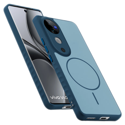 Matte Silicone Dual Color Back Cover with Metal Buttons & Ring Design for Vivo V40 5G