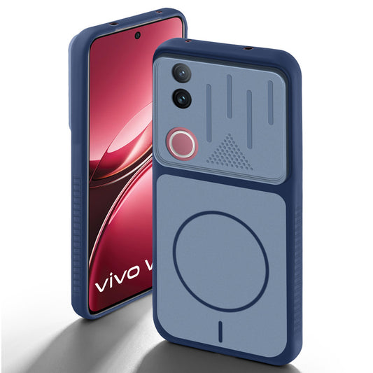Blue back cover for Vivo V50 5G with camera cut protection and ring design on back side.